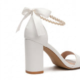 White Block Heel Sandals Pearl Strap Evening Shoes