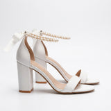 White Block Heel Sandals Pearl Strap Evening Shoes