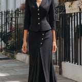 Black Blazer Midi Skirt Set Textured Evening Outfit