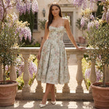Floral Corset Midi Dress Sweetheart Neckline Garden Party Dress