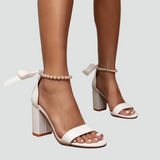 White Block Heel Sandals Pearl Strap Evening Shoes