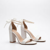 White Block Heel Sandals Pearl Strap Evening Shoes