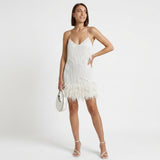 White Sequin Mini Dress Feather Trim Party Dress