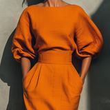 Orange Boat Neck Midi Dress Mid Sleeve Everyday Dress