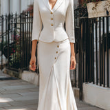 White Blazer Midi Skirt Set Textured Office Outfit