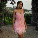 Pink Sequin Mini Dress Feather Trim Party Dress