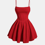 Red Ruched Bodice Flared Mini Dress Spaghetti Strap Party Dress