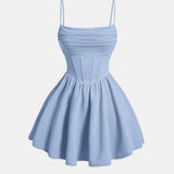 Light Blue Ruched Bodice Flared Mini Dress Spaghetti Strap Party Dress