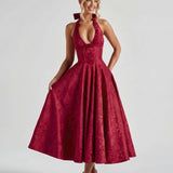 Red Halterneck Bustier Jacquard Midi Dress Cocktail Party Dress