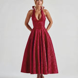 Red Halterneck Bustier Jacquard Midi Dress Cocktail Party Dress