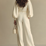 Beige Knit Two Piece Set Crew Neck Casual Outfit