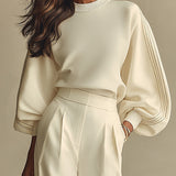 Beige Knit Two Piece Set Crew Neck Casual Outfit