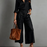 Black Two Piece Set Wide Leg Trousers Going Out Outfit