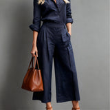 Navy Blue Two Piece Set Wide Leg Trousers Smart Casual Outfit
