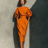 Orange Boat Neck Midi Dress Mid Sleeve Everyday Dress
