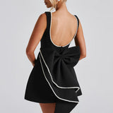Black Sleeveless Pearl Neckline Mini Dress Wedding Guest Dress
