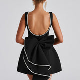 Black Sleeveless Pearl Neckline Mini Dress Wedding Guest Dress