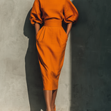 Orange Boat Neck Midi Dress Mid Sleeve Everyday Dress