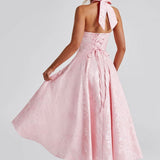 Pink Floral Halter Midi Dress Wedding Guest Dress
