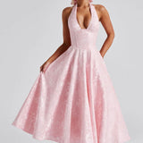 Pink Floral Halter Midi Dress Wedding Guest Dress