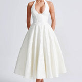 White Floral Halter Midi Dress Wedding Guest Dress