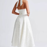 White Floral Halter Midi Dress Wedding Guest Dress
