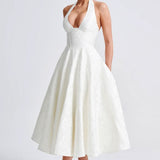 White Floral Halter Midi Dress Wedding Guest Dress