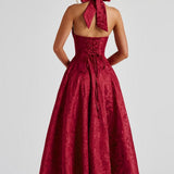 Red Floral Halter Midi Dress Wedding Guest Dress