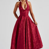 Red Floral Halter Midi Dress Wedding Guest Dress