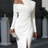 White One Shoulder Asymmetric Draped Maxi Dress Evening Gown