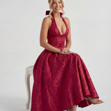 Red Halterneck Bustier Jacquard Midi Dress Cocktail Party Dress