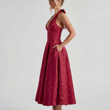 Red Halterneck Bustier Jacquard Midi Dress Cocktail Party Dress