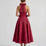 Red Halterneck Bustier Jacquard Midi Dress Cocktail Party Dress