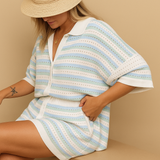 Blue Striped Knit Two Piece Set Beach Outfit